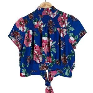 Love J Crop Top Womens L Blue Floral Smocked Open Back Tie Dolman Sleeve Coastal